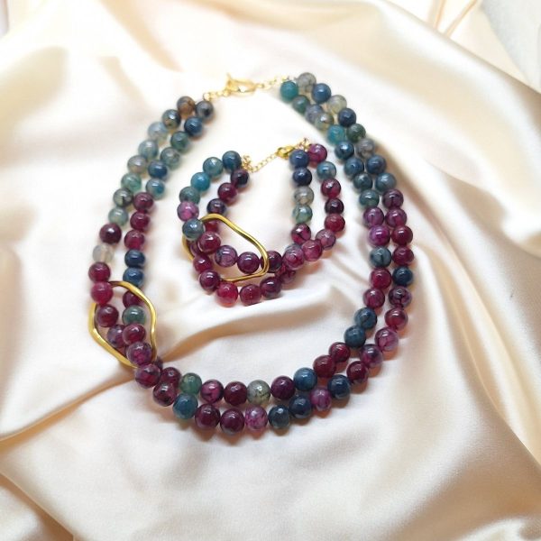 Komplet Imperial Ahat – narukvica i ogrlica u crveno-plavim tonovima s metalnim elementima